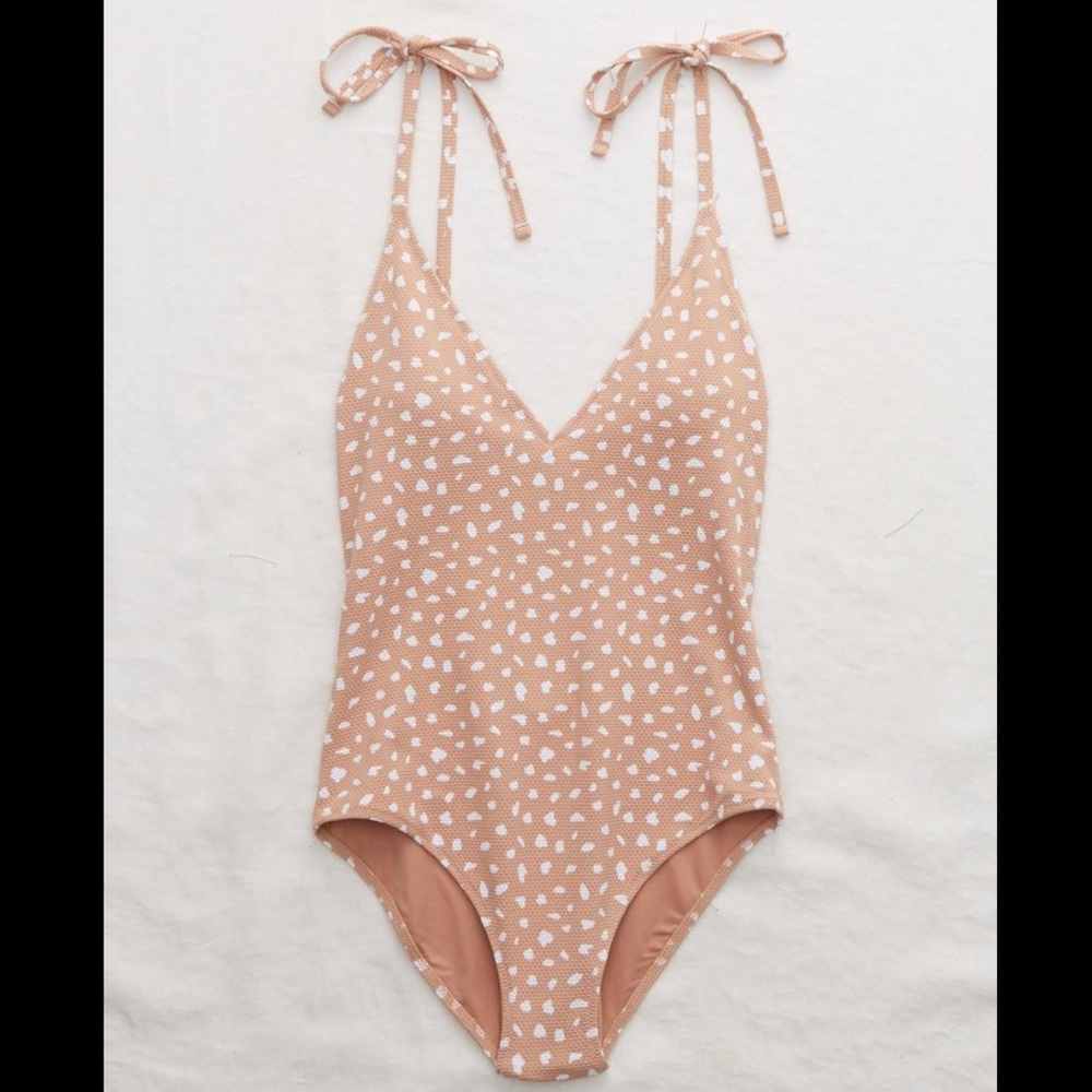 Aerie Pique Tie Shoulder One Piece Spotted Large